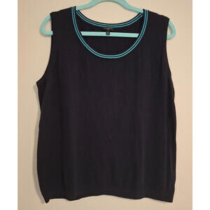Talbots Woman 2X  Cotton Cashmere Tank Top Women Navy Blue Turquoise Stripe Trim